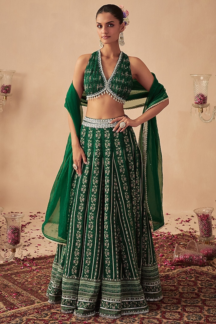 Green Georgette & Crepe Printed Wedding Lehenga Set by Chhavvi Aggarwal at Pernia's Pop Up Shop