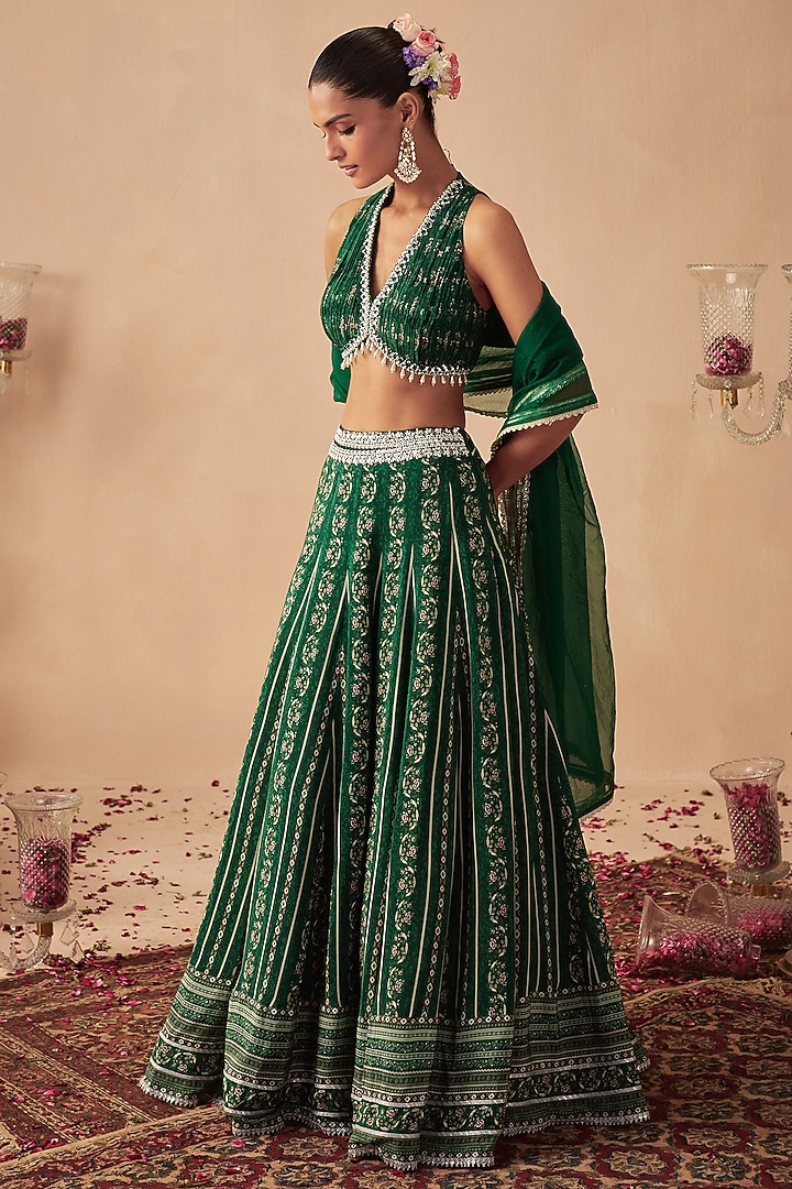 Green Georgette & Crepe Printed Wedding Lehenga Set by Chhavvi Aggarwal at Pernia's Pop Up Shop