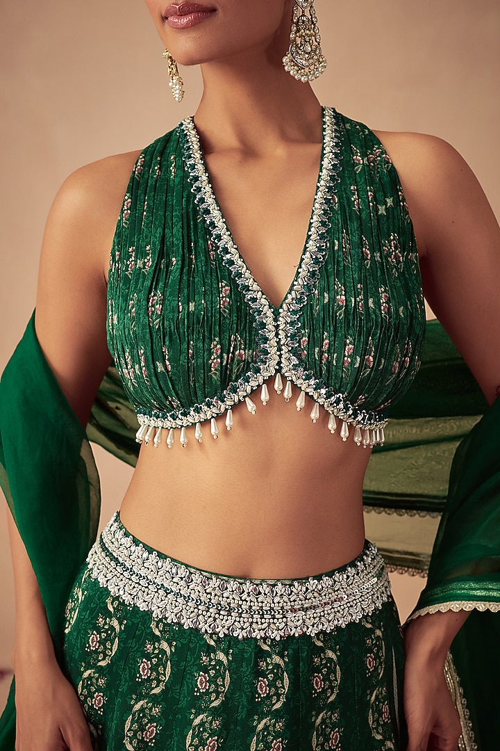 Green Georgette & Crepe Printed Wedding Lehenga Set by Chhavvi Aggarwal at Pernia's Pop Up Shop