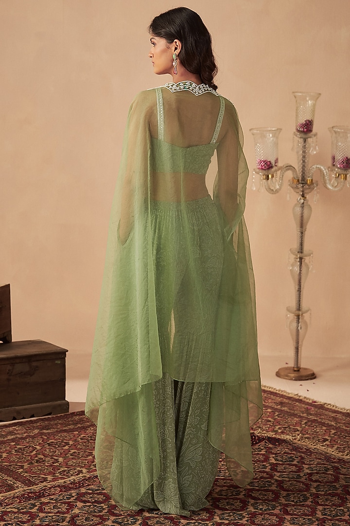 Sage Green Crepe & Organza Cape Set by Chhavvi Aggarwal at Pernia's Pop Up Shop