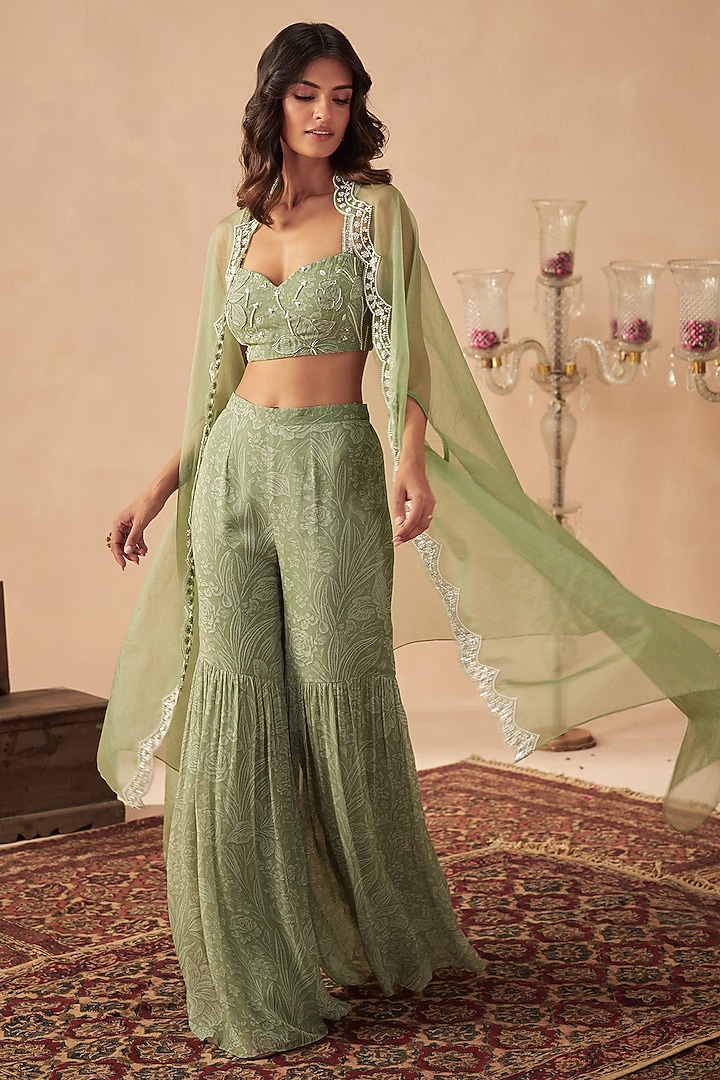 Sage Green Crepe & Organza Cape Set by Chhavvi Aggarwal at Pernia's Pop Up Shop