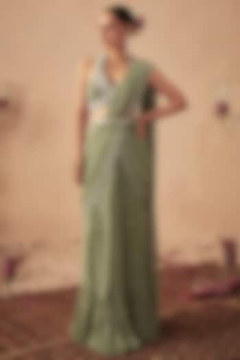 Sage Green Georgette Printed Pre-Draped Wedding Saree Set by Chhavvi Aggarwal at Pernia's Pop Up Shop