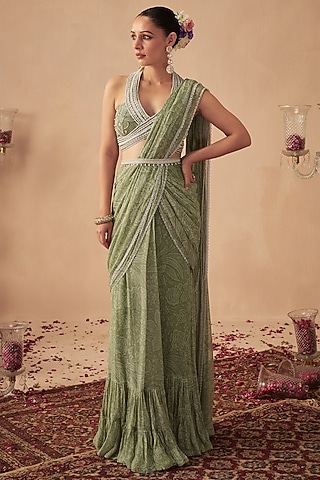 Sage Green Georgette Printed Pre-Draped Saree Set by Chhavvi Aggarwal