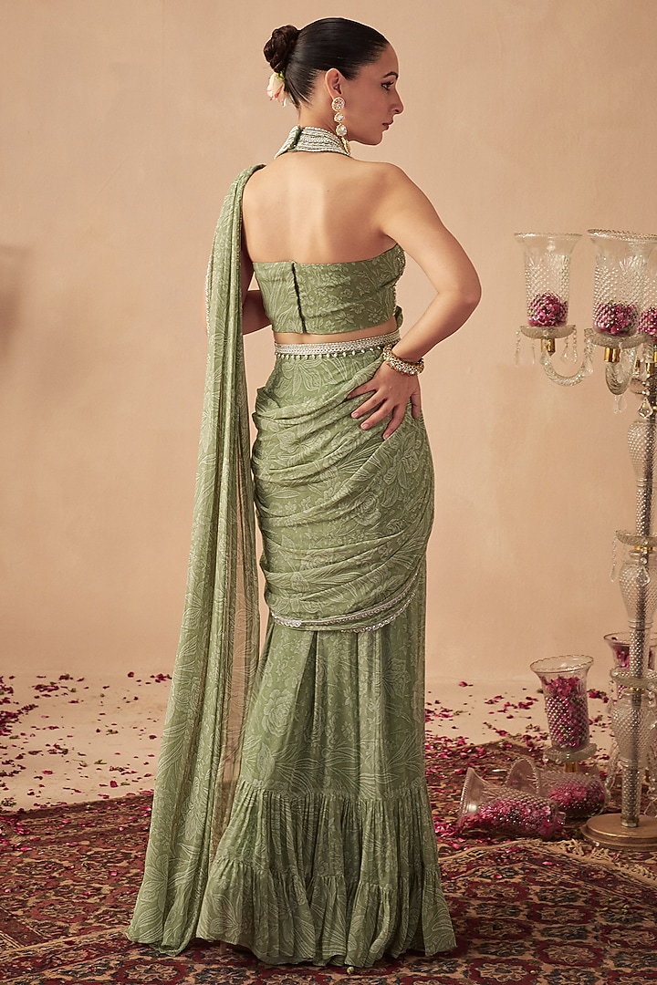 Sage Green Georgette Printed Pre-Draped Wedding Saree Set by Chhavvi Aggarwal at Pernia's Pop Up Shop