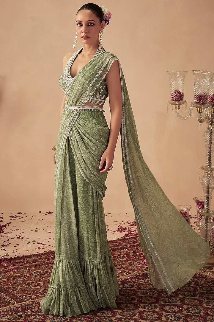 Sage Green Georgette Printed Pre-Draped Wedding Saree Set by Chhavvi Aggarwal at Pernia's Pop Up Shop