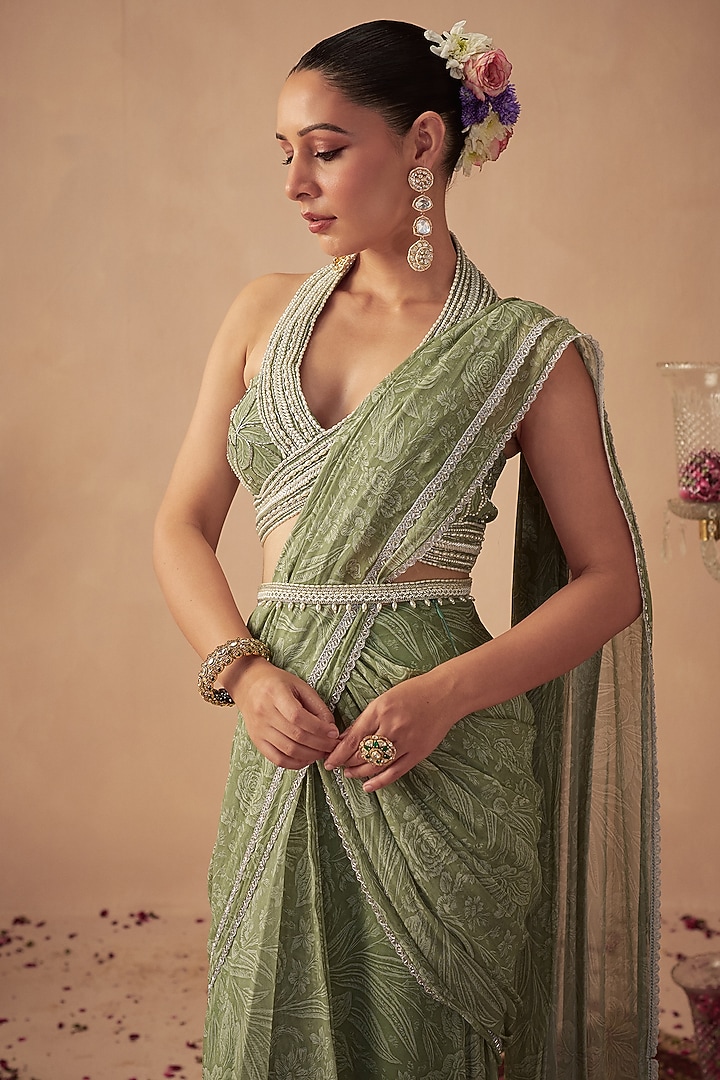 Sage Green Georgette Printed Pre-Draped Wedding Saree Set by Chhavvi Aggarwal at Pernia's Pop Up Shop