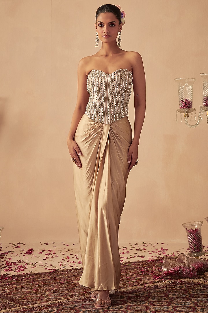 Rose Gold Satin Draped Skirt Set by Chhavvi Aggarwal at Pernia's Pop Up Shop