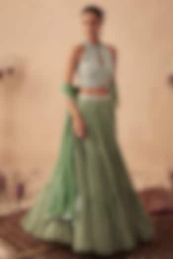 Sage Green Georgette Printed Wedding Lehenga Set by Chhavvi Aggarwal at Pernia's Pop Up Shop