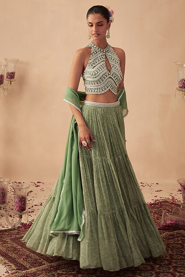 Sage Green Georgette Printed Wedding Lehenga Set by Chhavvi Aggarwal at Pernia's Pop Up Shop