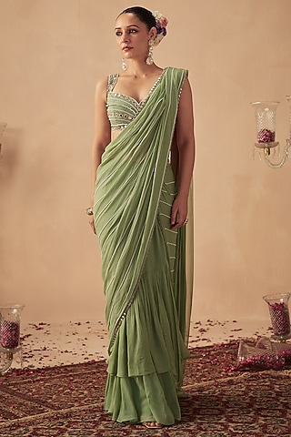 Sage Green Georgette Embroidered Pre-Draped Saree Set by Chhavvi Aggarwal