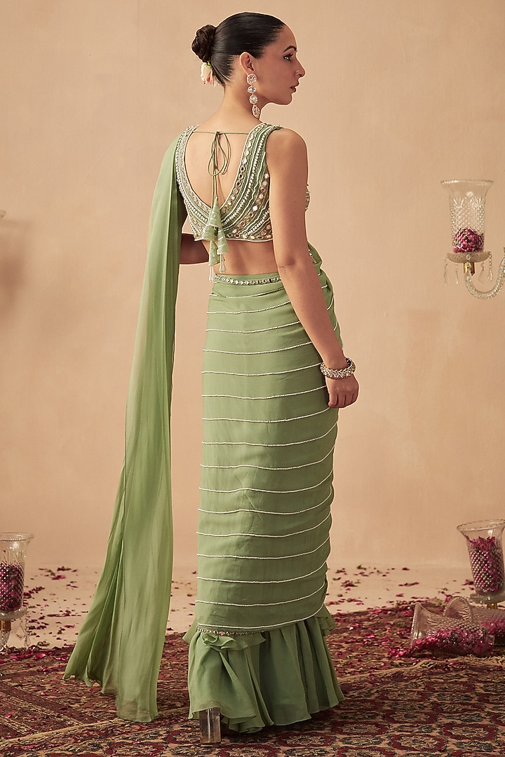 Sage Green Georgette Embroidered Pre-Draped Wedding Saree Set by Chhavvi Aggarwal at Pernia's Pop Up Shop