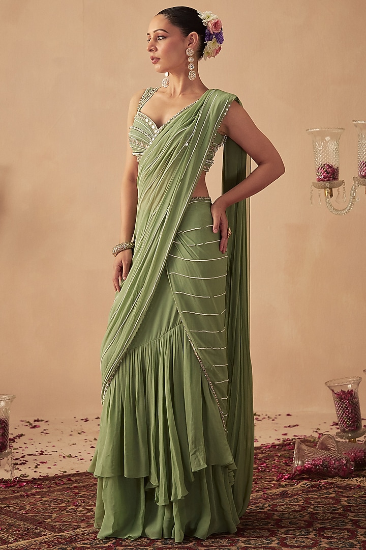 Sage Green Georgette Embroidered Pre-Draped Wedding Saree Set by Chhavvi Aggarwal at Pernia's Pop Up Shop