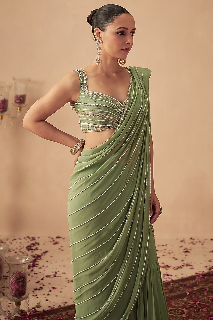Sage Green Georgette Embroidered Pre-Draped Wedding Saree Set by Chhavvi Aggarwal at Pernia's Pop Up Shop