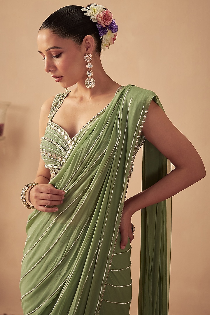 Sage Green Georgette Embroidered Pre-Draped Wedding Saree Set by Chhavvi Aggarwal at Pernia's Pop Up Shop