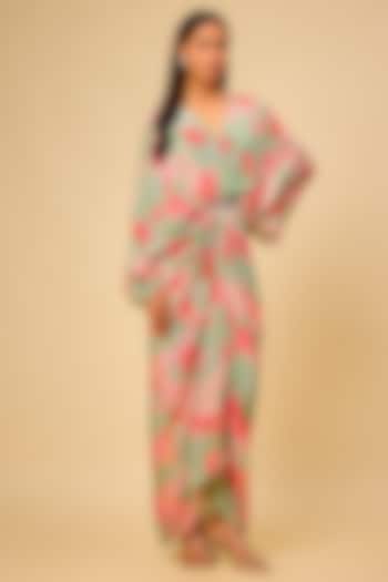 Sage Green Crepe Printed Draped Vacation Dress by Chhavvi Aggarwal at Pernia's Pop Up Shop