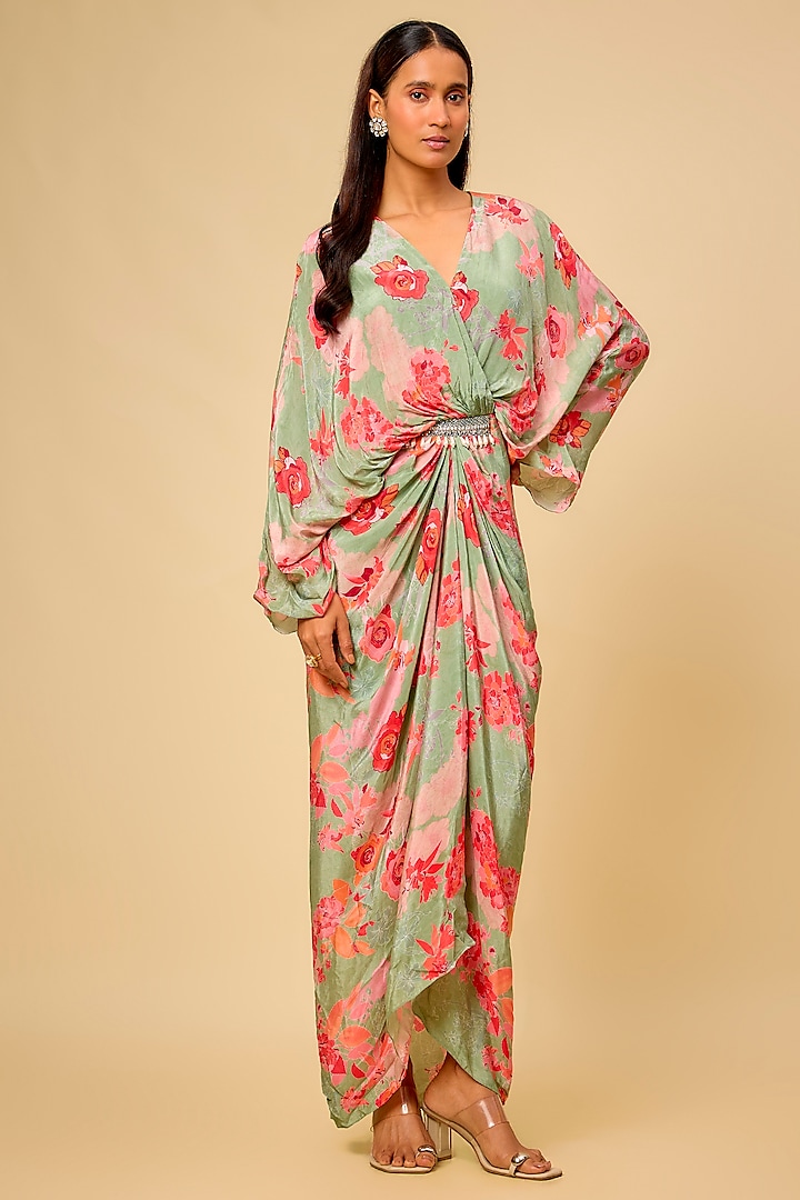 Sage Green Crepe Printed Draped Vacation Dress by Chhavvi Aggarwal at Pernia's Pop Up Shop