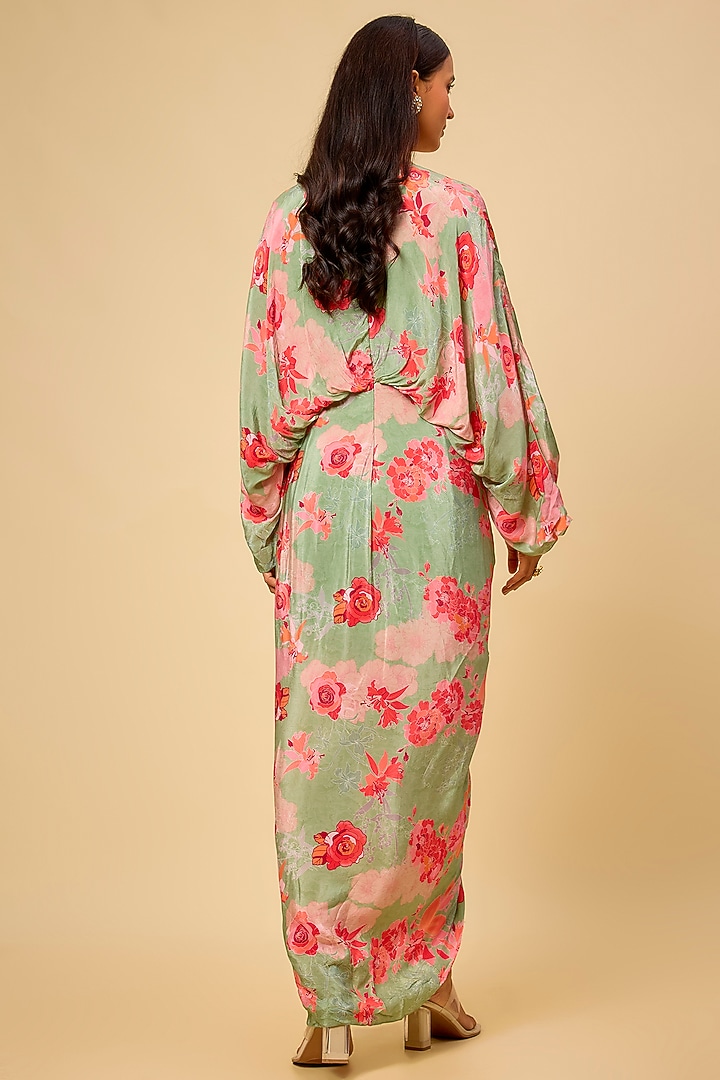 Sage Green Crepe Printed Draped Vacation Dress by Chhavvi Aggarwal at Pernia's Pop Up Shop
