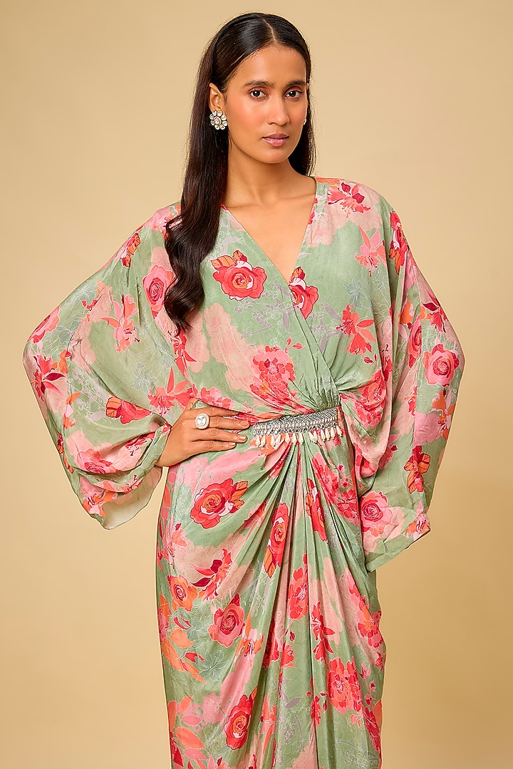 Sage Green Crepe Printed Draped Vacation Dress by Chhavvi Aggarwal at Pernia's Pop Up Shop