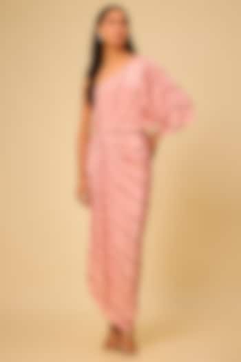 Blush Pink Crepe Printed One-Shoulder Vacation Dress by Chhavvi Aggarwal at Pernia's Pop Up Shop