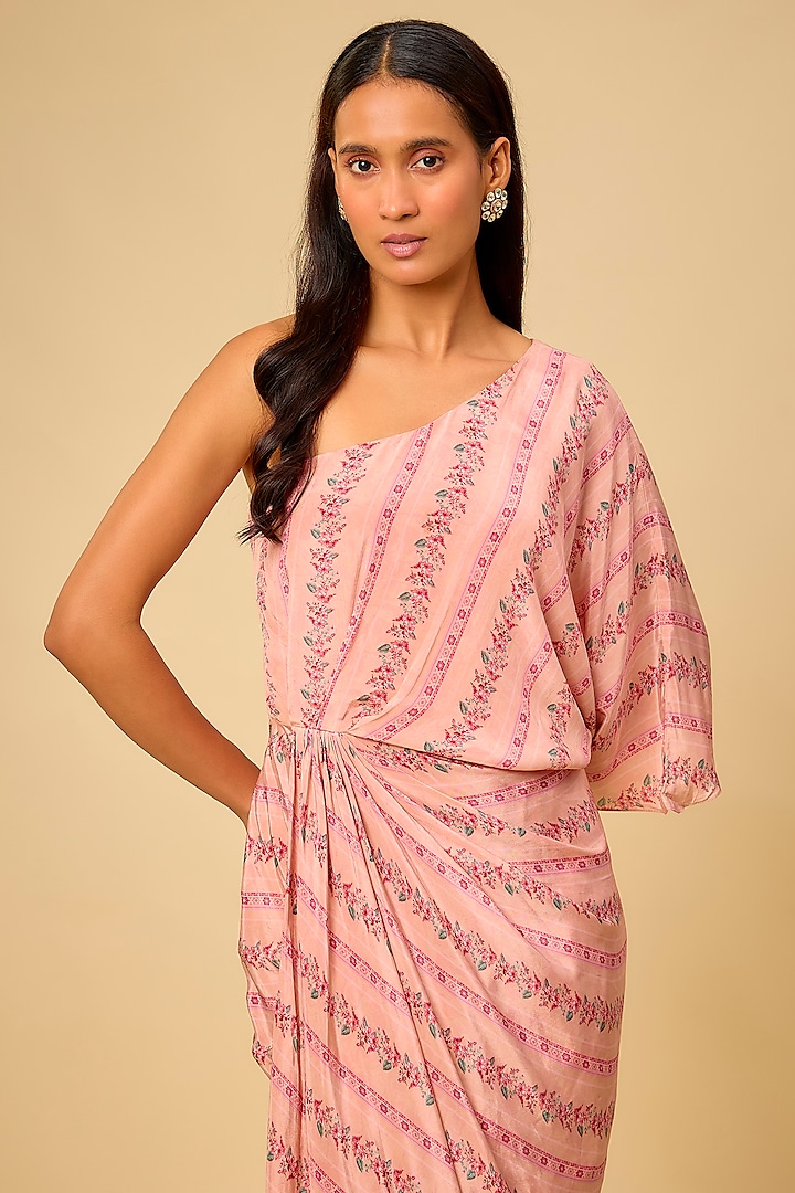 Blush Pink Crepe Printed One-Shoulder Vacation Dress by Chhavvi Aggarwal at Pernia's Pop Up Shop