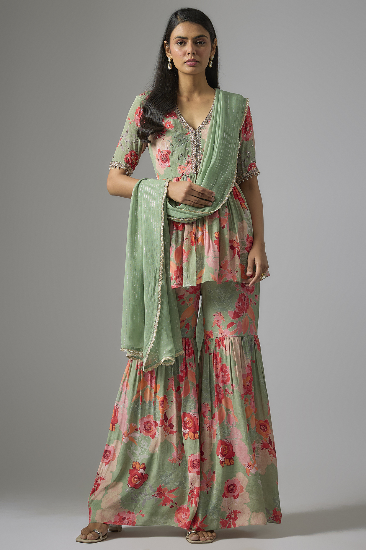 Sage Green Crepe & Lurex Georgette Printed Party Wear Sharara Set by Chhavvi Aggarwal at Pernia's Pop Up Shop