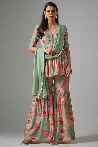 Sage Green Crepe & Lurex Georgette Printed Sharara Set by Chhavvi Aggarwal