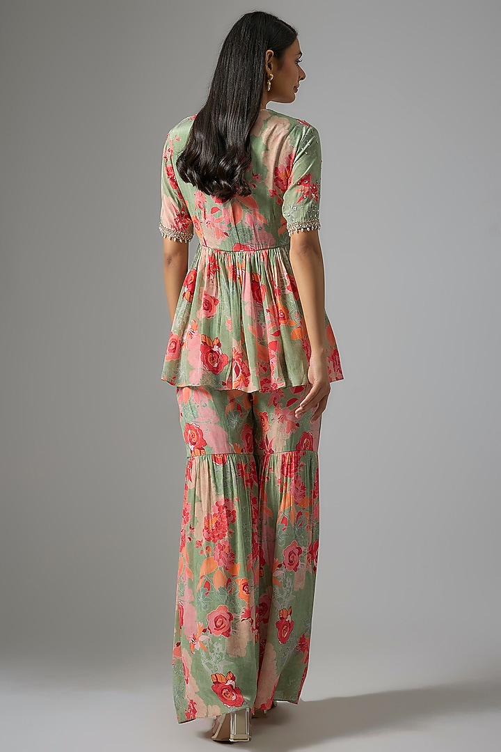 Sage Green Crepe & Lurex Georgette Printed Wedding Sharara Set by Chhavvi Aggarwal at Pernia's Pop Up Shop