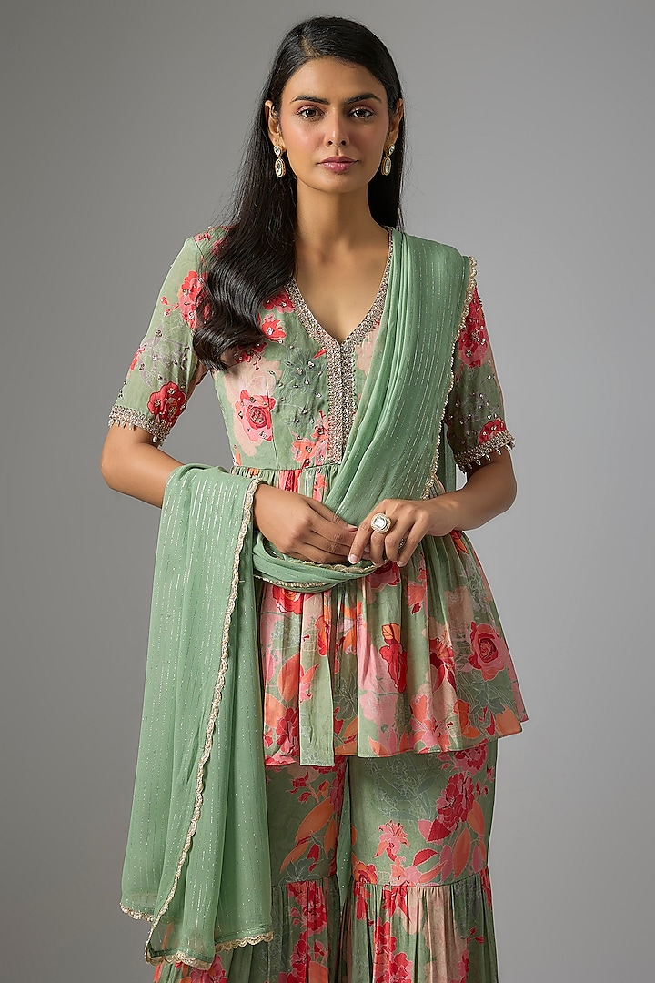 Sage Green Crepe & Lurex Georgette Printed Wedding Sharara Set by Chhavvi Aggarwal at Pernia's Pop Up Shop