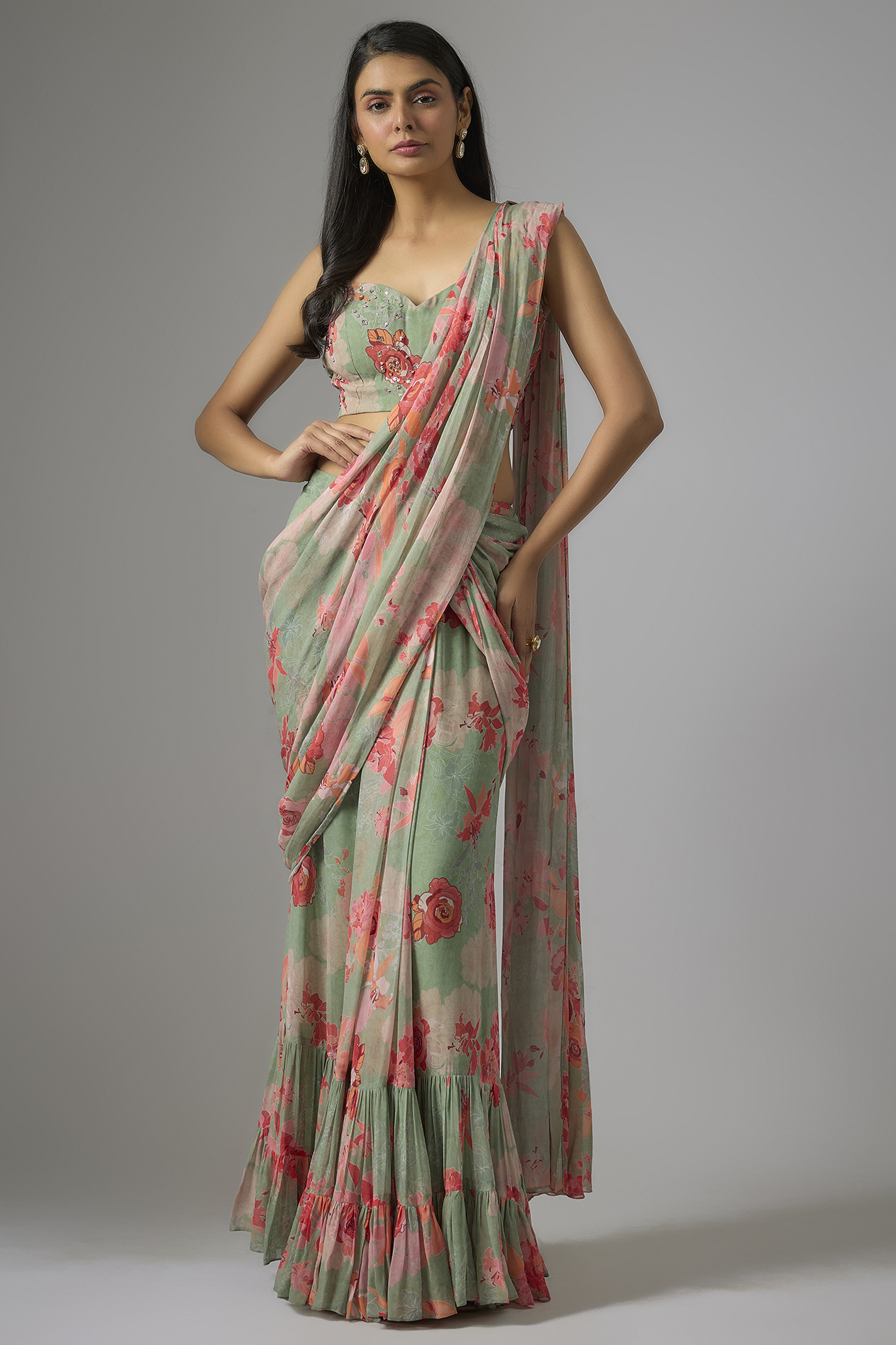 Sage Green Georgette Printed Pre-Draped Party Wear Saree Set by Chhavvi Aggarwal at Pernia's Pop Up Shop