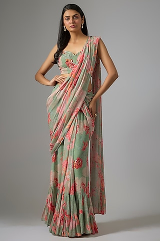 Sage Green Georgette Printed Pre-Draped Saree Set by Chhavvi Aggarwal