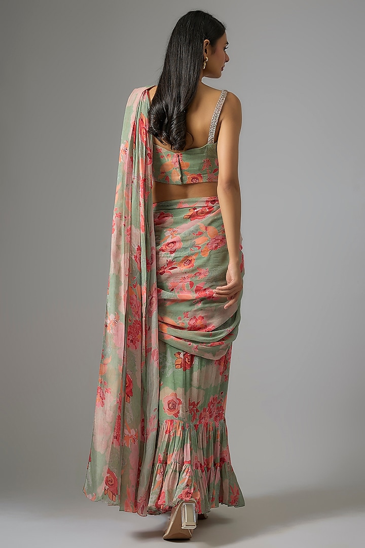 Sage Green Georgette Printed Pre-Draped Party Wear Saree Set by Chhavvi Aggarwal at Pernia's Pop Up Shop