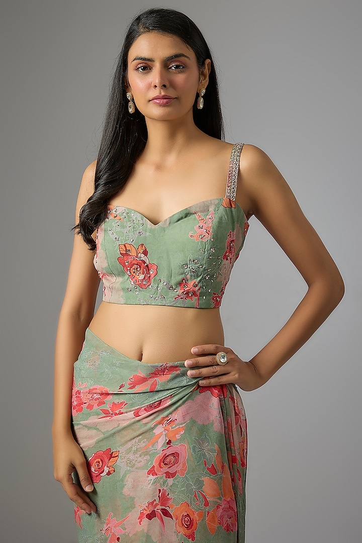 Sage Green Georgette Printed Pre-Draped Party Wear Saree Set by Chhavvi Aggarwal at Pernia's Pop Up Shop