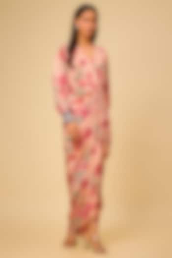 Blush Pink Crepe Printed & Hand Embroidered Draped Vacation Dress by Chhavvi Aggarwal at Pernia's Pop Up Shop