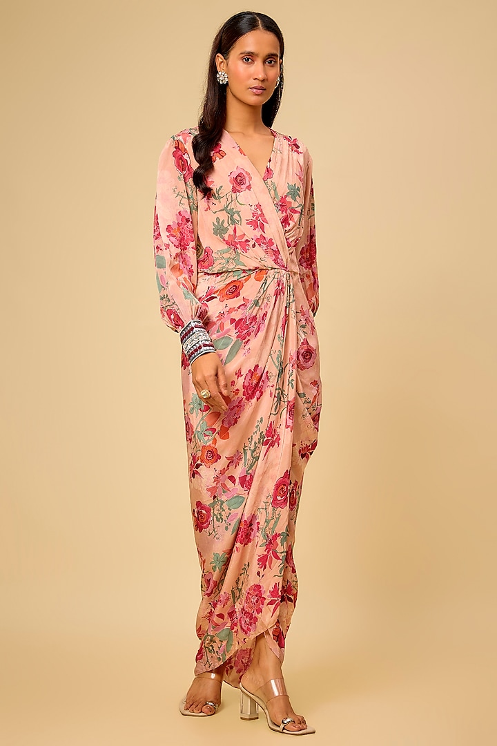 Blush Pink Crepe Printed & Hand Embroidered Draped Vacation Dress by Chhavvi Aggarwal at Pernia's Pop Up Shop