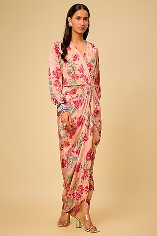 Blush Pink Crepe Printed & Hand Embroidered Draped Dress by Chhavvi Aggarwal