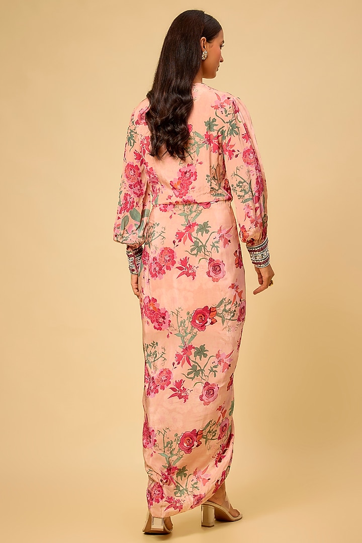 Blush Pink Crepe Printed & Hand Embroidered Draped Vacation Dress by Chhavvi Aggarwal at Pernia's Pop Up Shop