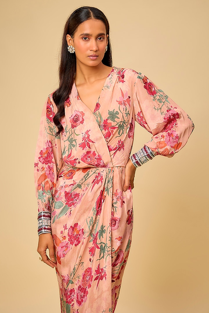Blush Pink Crepe Printed & Hand Embroidered Draped Vacation Dress by Chhavvi Aggarwal at Pernia's Pop Up Shop