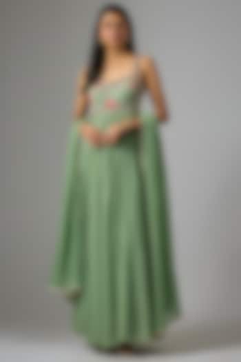 Sage Green Lurex Georgette Printed Wedding Anarkali Set by Chhavvi Aggarwal at Pernia's Pop Up Shop