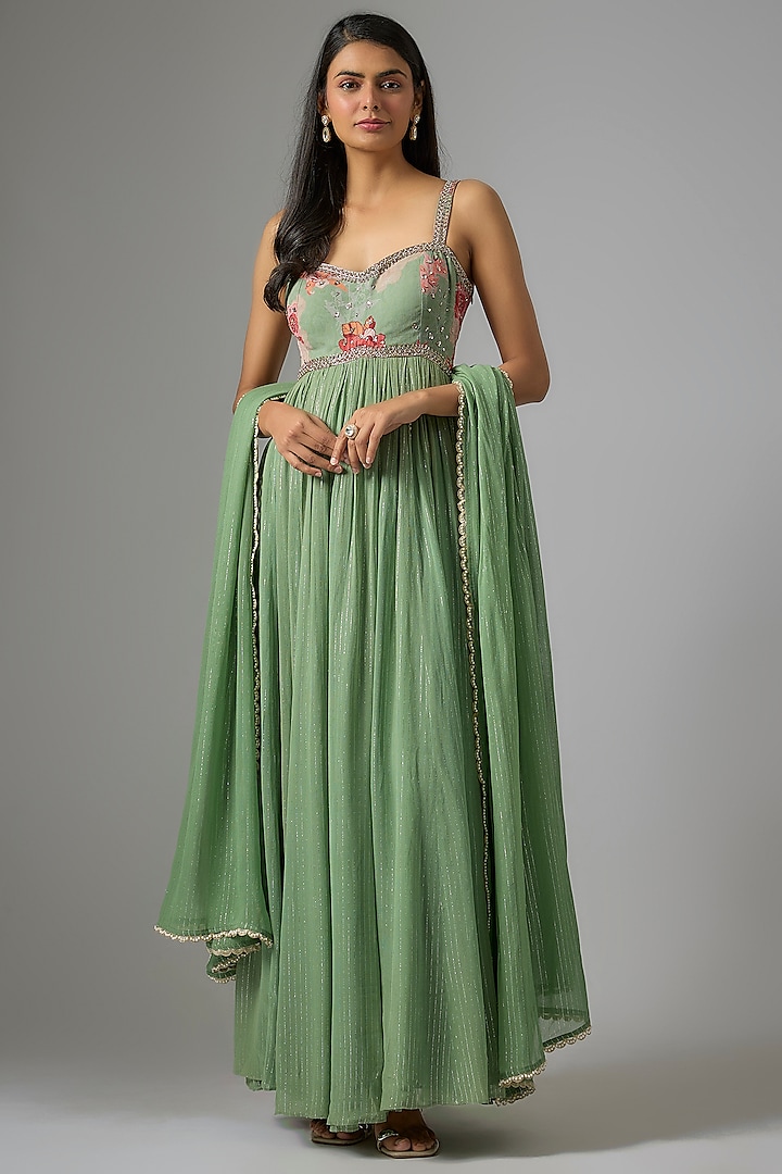 Sage Green Lurex Georgette Printed Wedding Anarkali Set by Chhavvi Aggarwal at Pernia's Pop Up Shop
