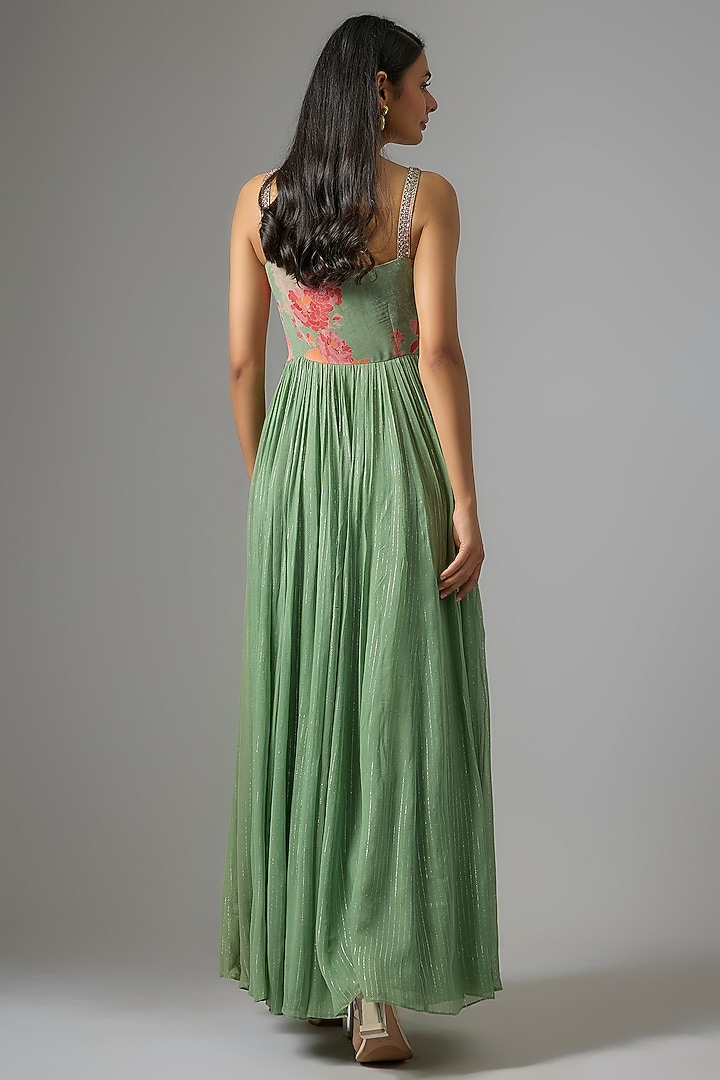 Sage Green Lurex Georgette Printed Wedding Anarkali Set by Chhavvi Aggarwal at Pernia's Pop Up Shop