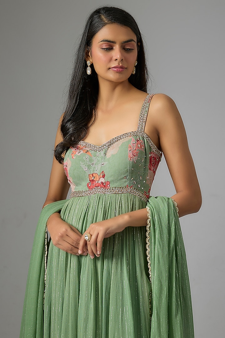 Sage Green Lurex Georgette Printed Wedding Anarkali Set by Chhavvi Aggarwal at Pernia's Pop Up Shop