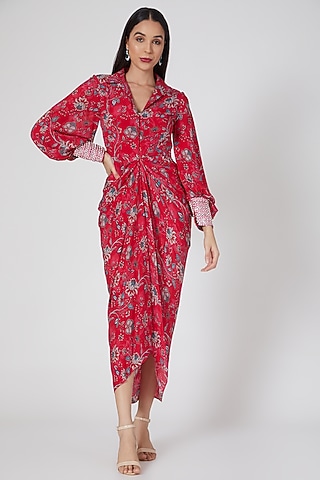 Red Embroidered & Printed Draped Dress by Chhavvi Aggarwal