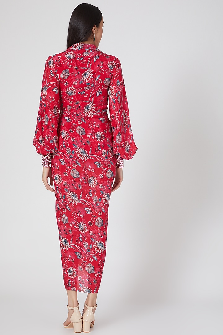 Red Embroidered & Printed Draped Vacation Dress by Chhavvi Aggarwal at Pernia's Pop Up Shop
