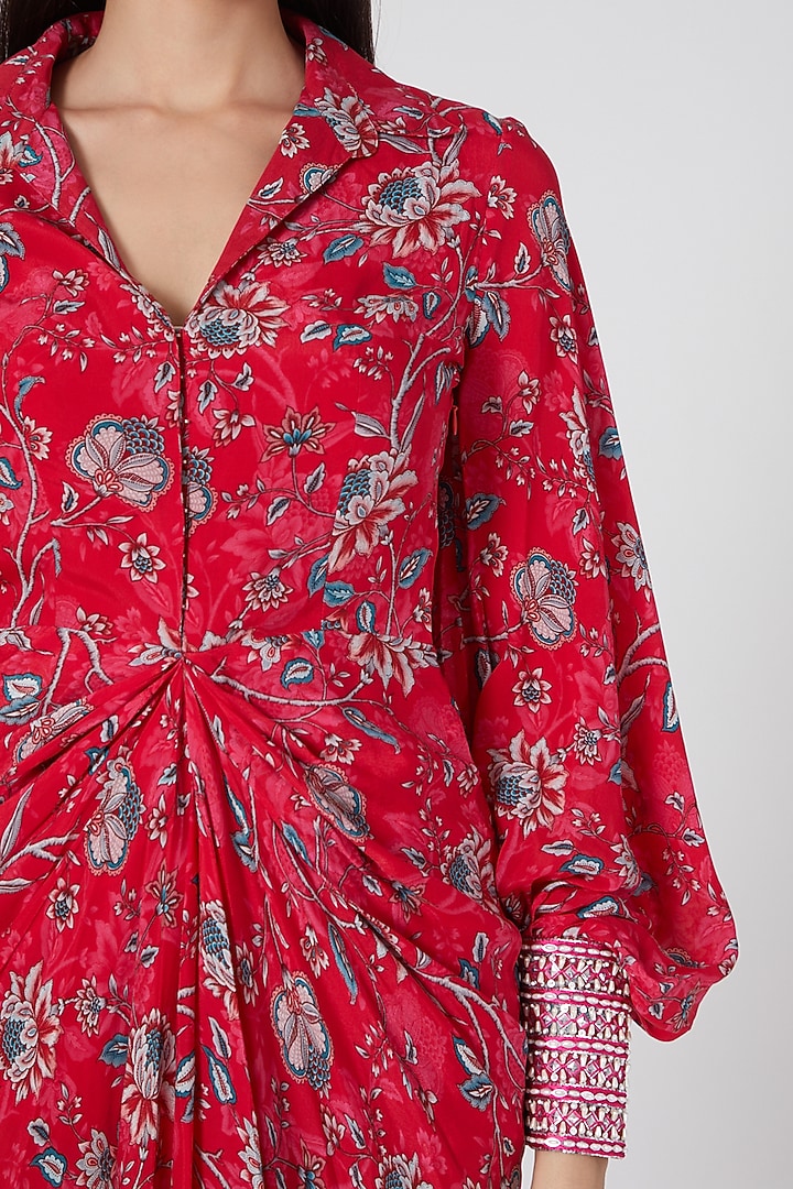 Red Embroidered & Printed Draped Vacation Dress by Chhavvi Aggarwal at Pernia's Pop Up Shop