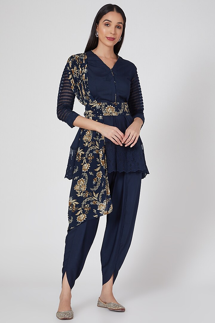Navy Blue Printed & Embroidered Tunic Set by Chhavvi Aggarwal