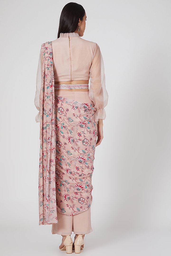 Nude Pink Crepe & Organza Floral Printed Pant Party Wear Saree Set by Chhavvi Aggarwal at Pernia's Pop Up Shop