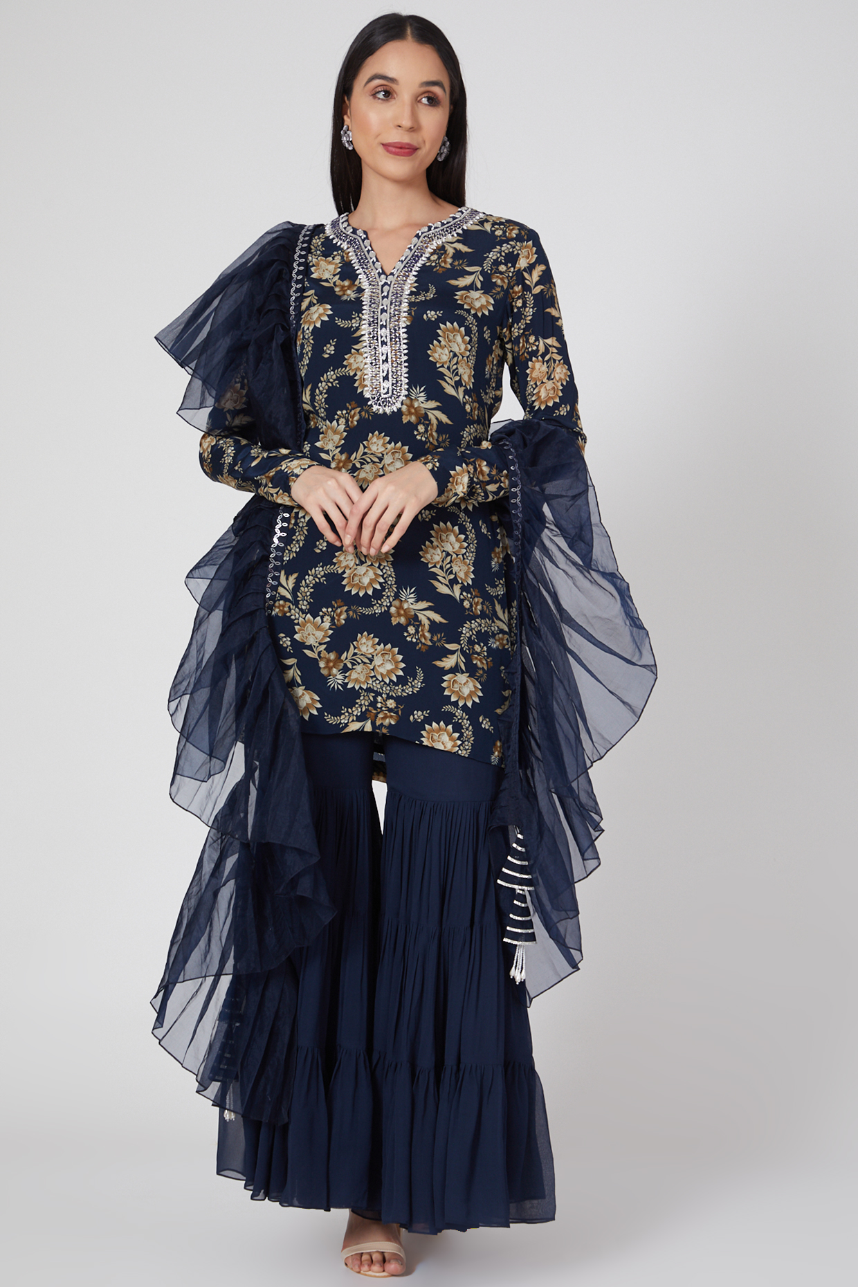 Navy Blue Printed & Embroidered Party Wear Sharara Set by Chhavvi Aggarwal at Pernia's Pop Up Shop