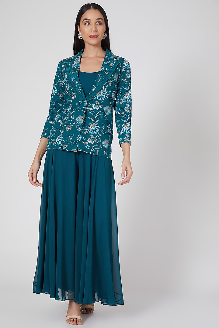 Teal Blue Printed & Embroidered Palazzo Pant Set by Chhavvi Aggarwal