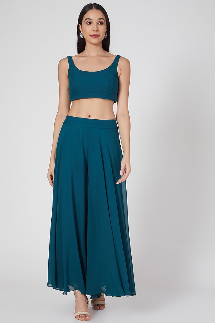 Teal Blue Printed & Embroidered Palazzo Pant Set by Chhavvi Aggarwal at Pernia's Pop Up Shop