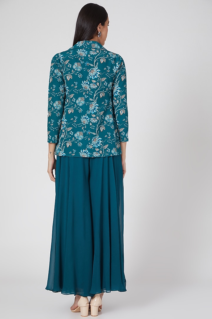 Teal Blue Printed & Embroidered Palazzo Pant Set by Chhavvi Aggarwal at Pernia's Pop Up Shop